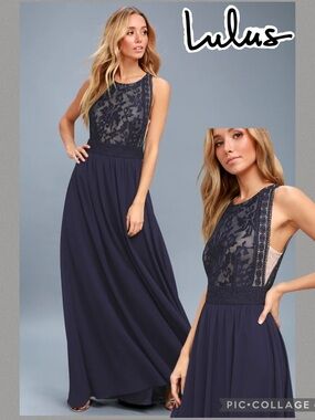 Lulu's Forever and Always Navy Blue Lace Bodice Georgette Maxi Dress Size S‎